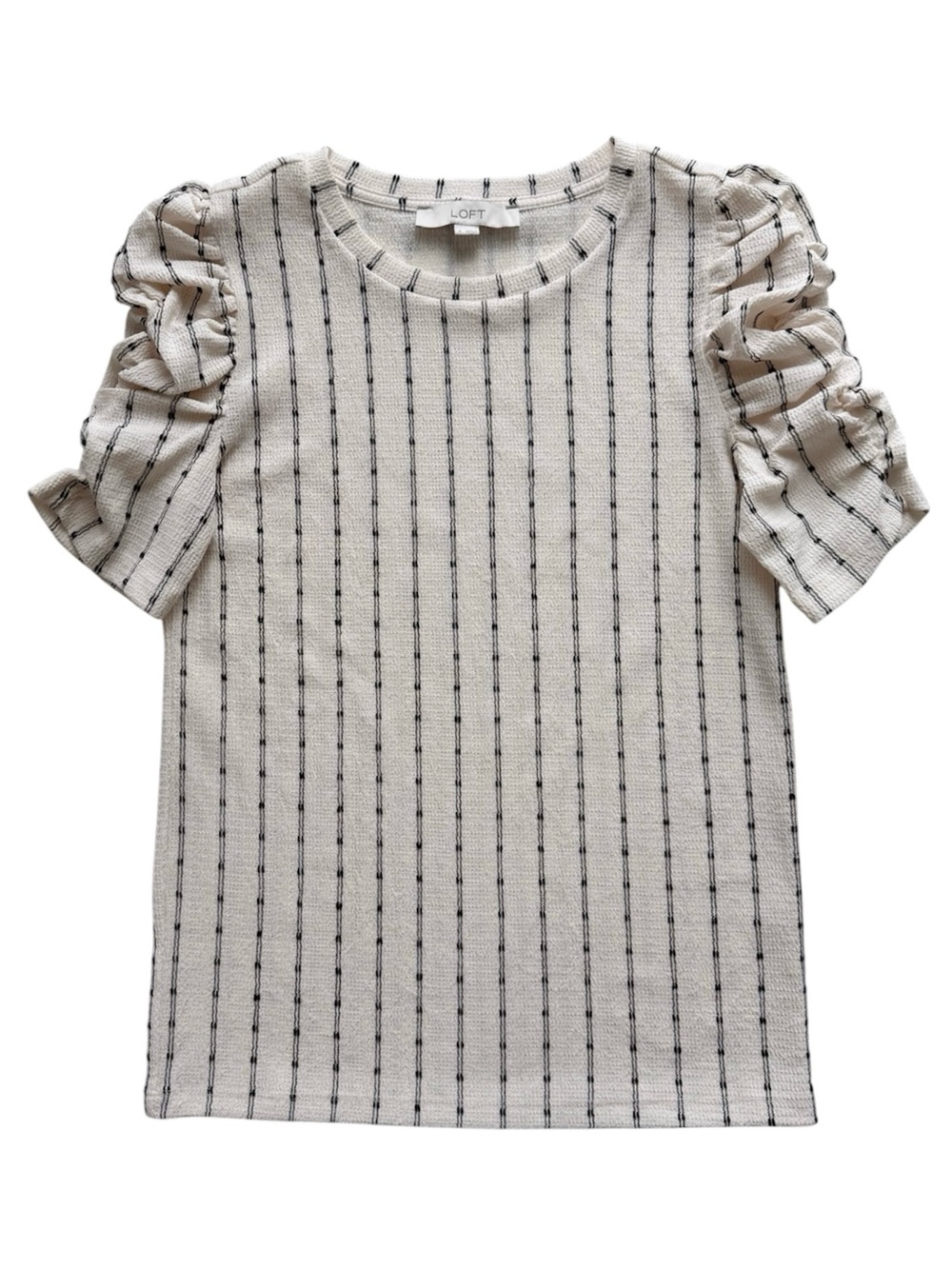 LOFT Ivory Knit Pinstriped Top with Gathered Sleeves Size Small
